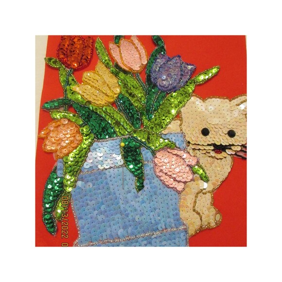 Vintage Kitten kitty Cat with Tulips Sequence Applique sewing sequence beads - Picture 4 of 5